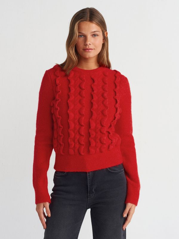 10642 Crew-Neck Ruffled Knit Sweater-Red