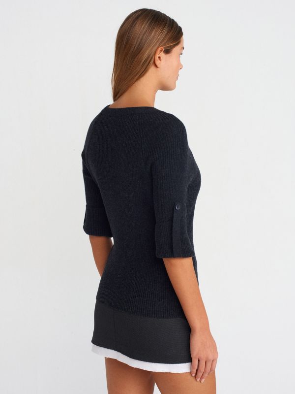 10647 Crew-Neck Ribbed Sleeve Button Detail Sweater-Anthracite