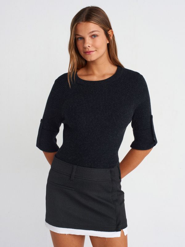 10647 Crew-Neck Ribbed Sleeve Button Detail Sweater-Anthracite