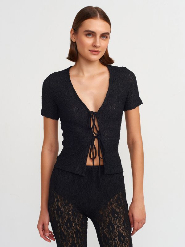 31224 Lace Blouse with Front Ties-Black