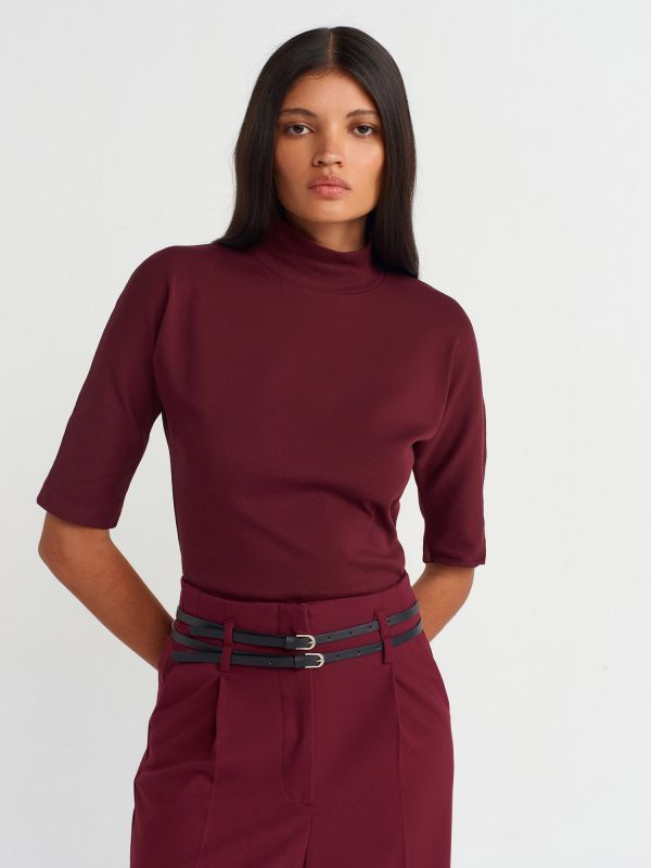 31244 Stand Collar T-Shirt-Burgundy