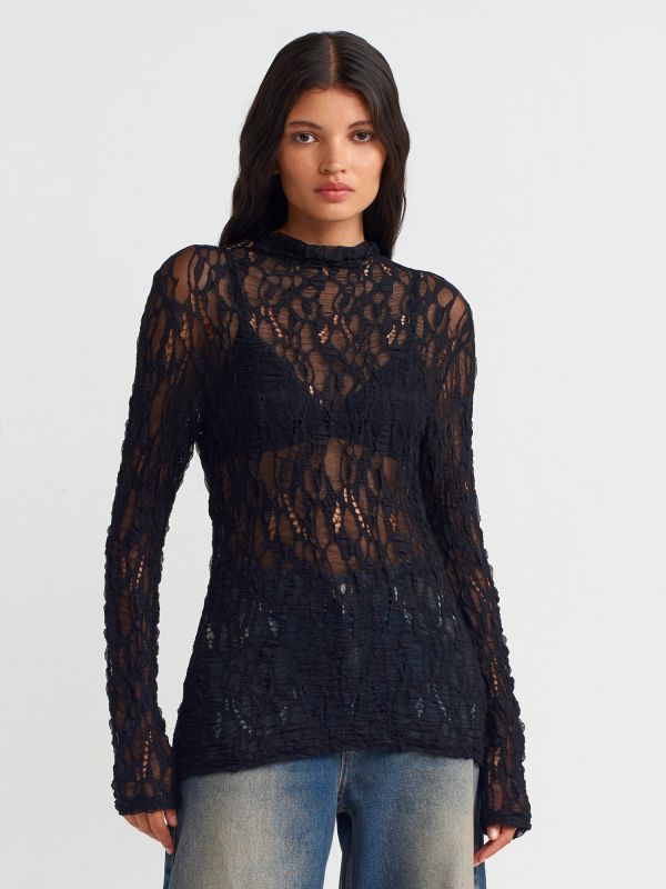 31336 Lace Top with Finger Detail-Black