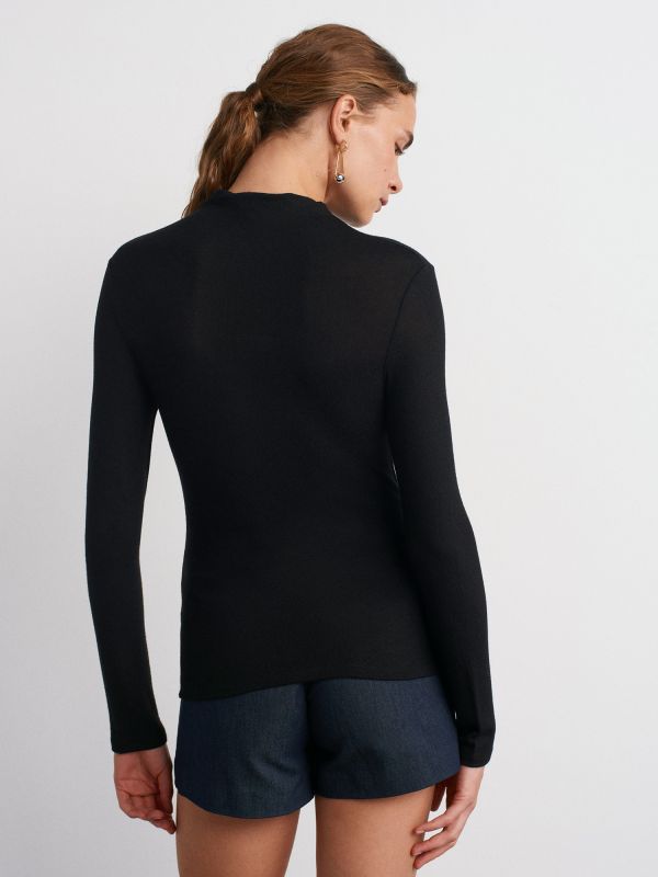 31391 Stand Collar Long Sleeve Top-Black