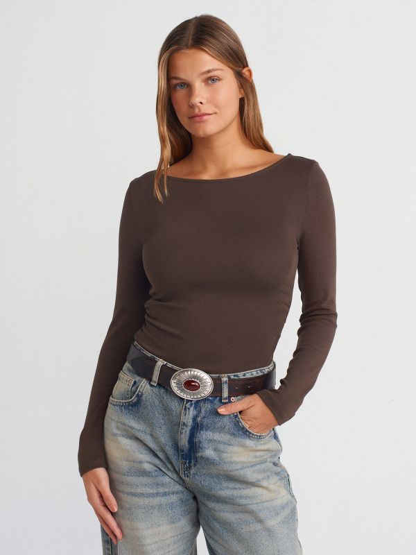 31401 Shirred Boat Neck Top-Dark Coffee