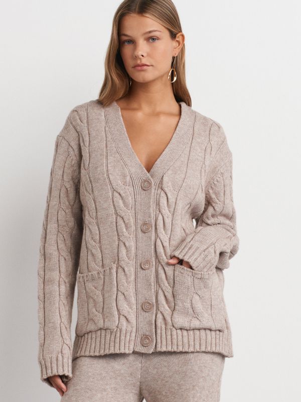 60266 V-Neck Frill Buttoned Sweater Cardigan-Mink M.