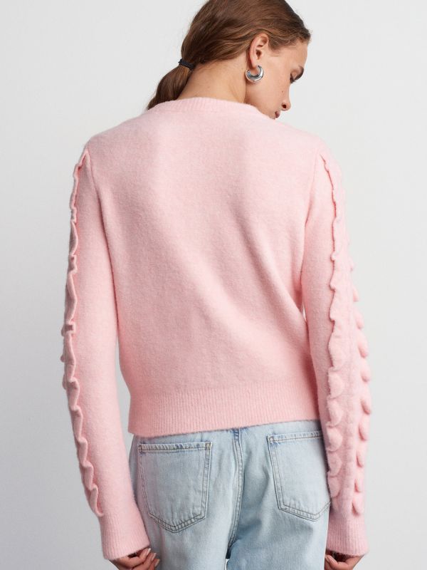 60267 Crew-Neck Frilly Buttoned Sweater Cardigan-Pink