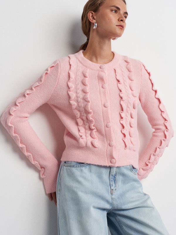 60267 Crew-Neck Frilly Buttoned Sweater Cardigan-Pink