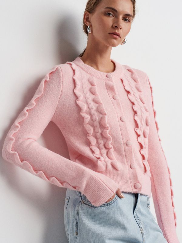 60267 Crew-Neck Frilly Buttoned Sweater Cardigan-Pink