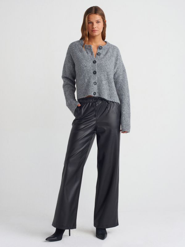 60280 Stand Collar Buttoned Soft Textured Slit Sweater Cardigan-Smoked M.