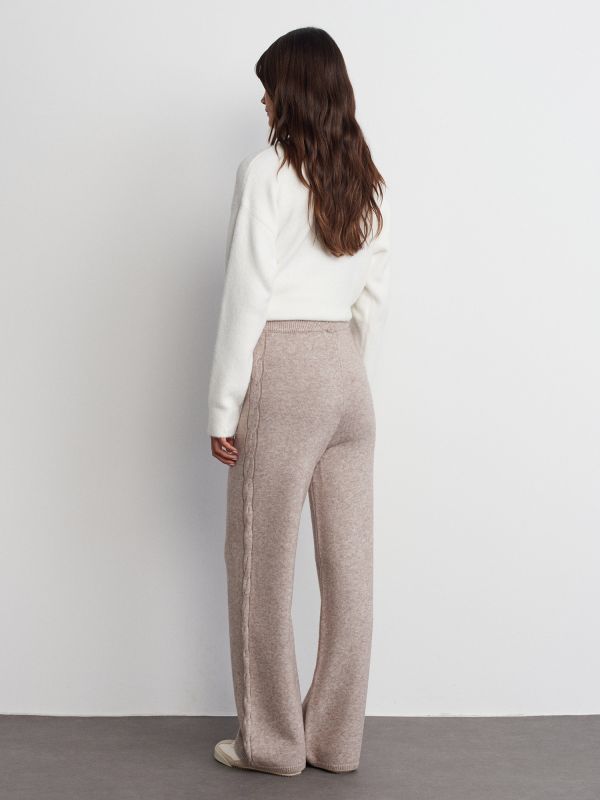 70164 Knitwear Trousers-Waist Elasticated Sweater Pants with Hair Braid Detail-Mink M.