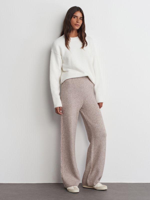 70164 Knitwear Trousers-Waist Elasticated Sweater Pants with Hair Braid Detail-Mink M.