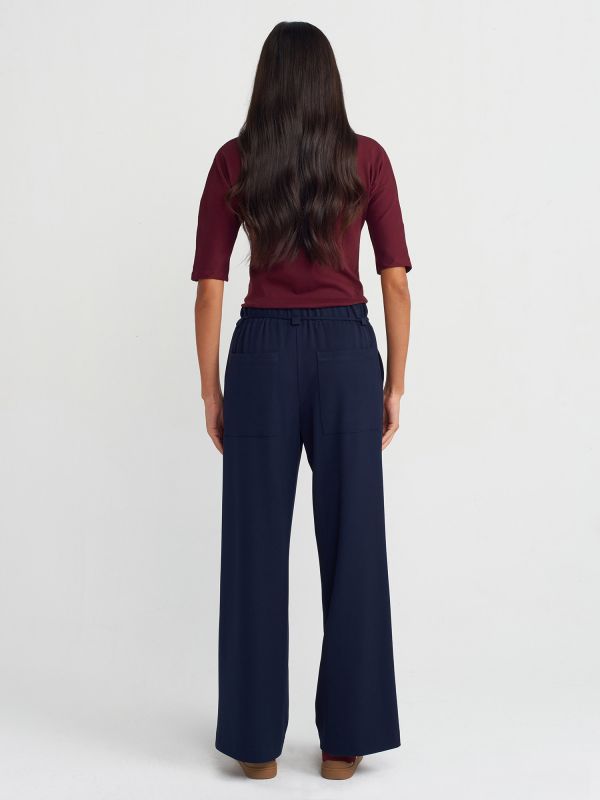 71546 Wide Leg Pants with Elastic Waistband - Navy Blue