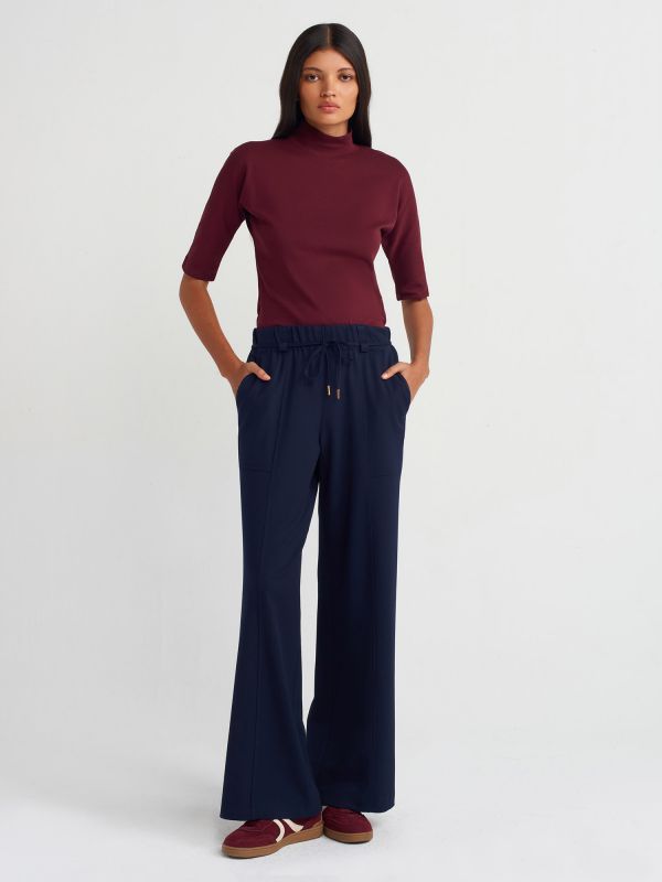 71546 Wide Leg Pants with Elastic Waistband - Navy Blue