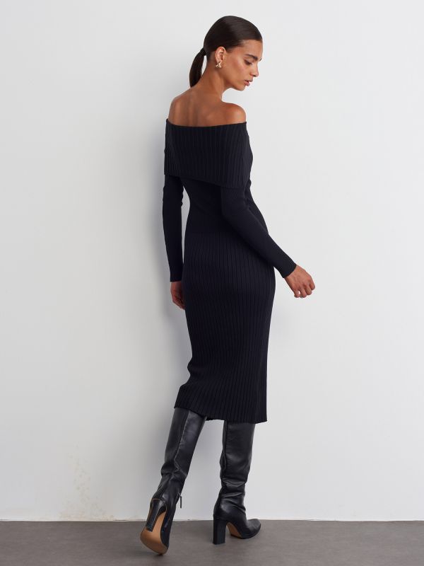 90233 Bardot Collar Ribbed Sweater Dress-Black