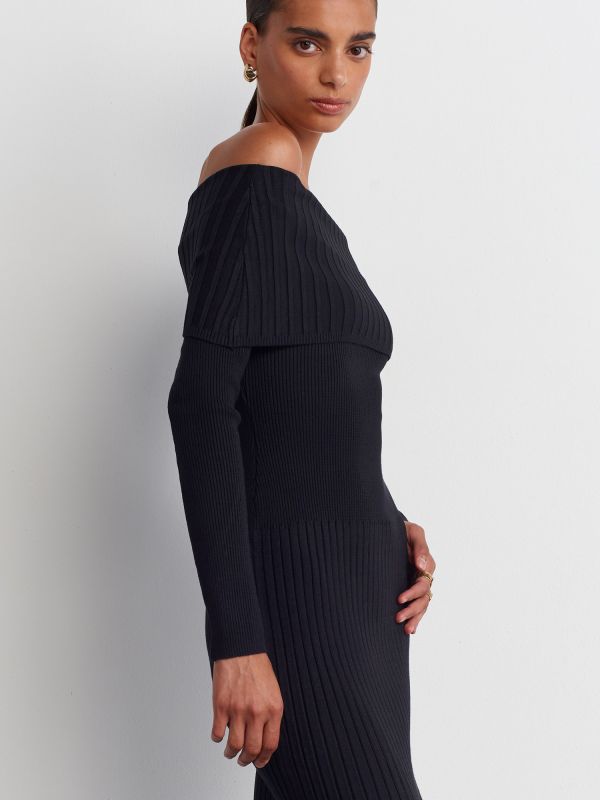 90233 Bardot Collar Ribbed Sweater Dress-Black