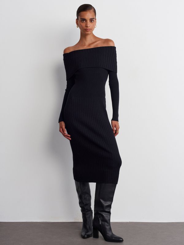 90233 Bardot Collar Ribbed Sweater Dress-Black