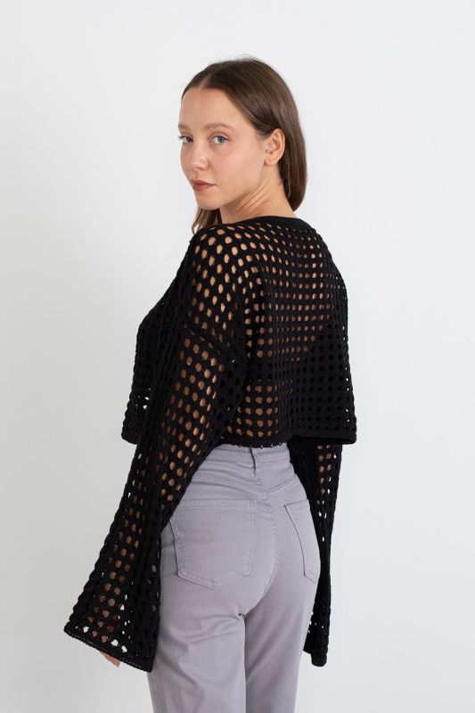 Black Openwork Crop Sweater T1564-B6