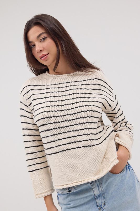 STONE-Black Crew-Neck Striped Sweater K10274-D7