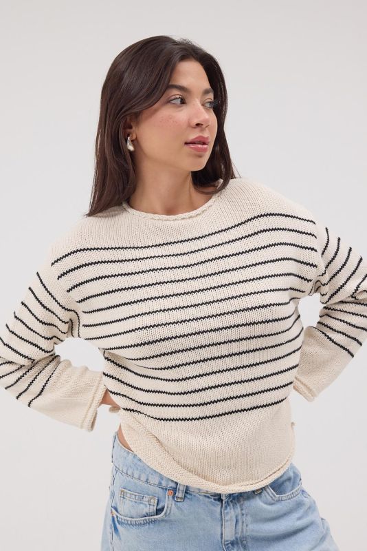 STONE-Black Crew-Neck Striped Sweater K10274-D7