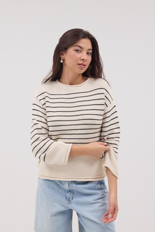 STONE-Black Crew-Neck Striped Sweater K10274-D7