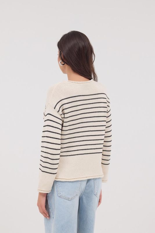 STONE-Black Crew-Neck Striped Sweater K10274-D7