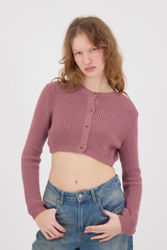 Rose Dried Crew-Neck Buttoned Crop Sweater Cardigan H3403-C3