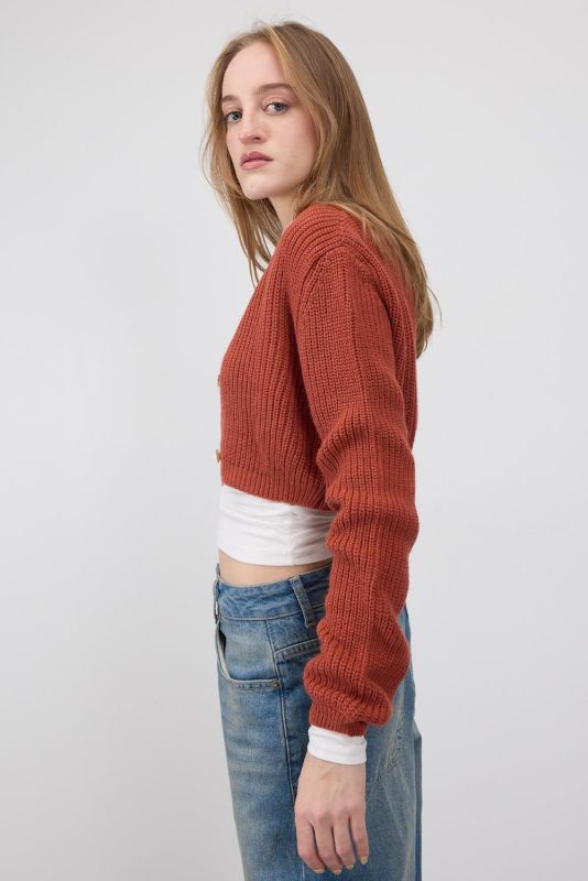 Rose Dried Crew-Neck Buttoned Crop Sweater Cardigan H3403-C3