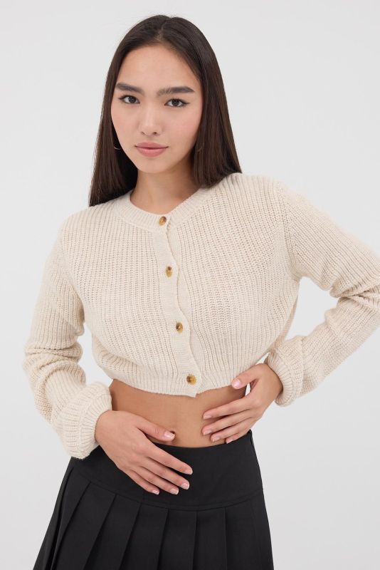 Rose Dried Crew-Neck Buttoned Crop Sweater Cardigan H3403-C3