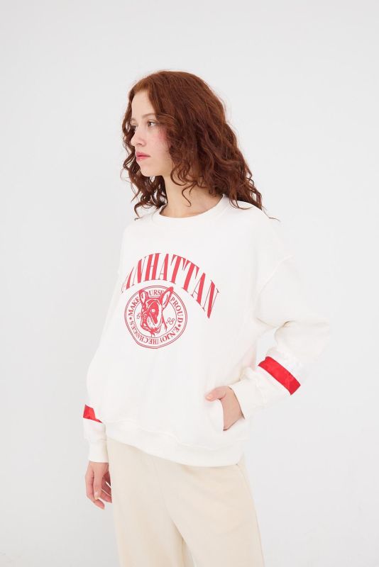 White Crew-Neck Manhattan Printed Hooded Sweatshirt S1183-W10