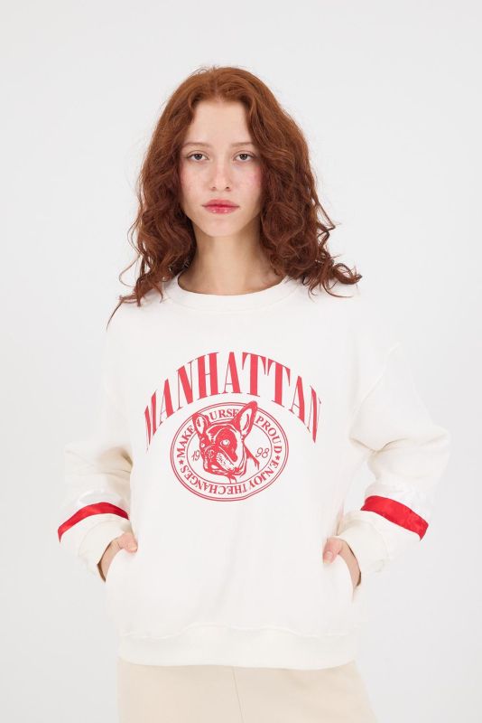 White Crew-Neck Manhattan Printed Hooded Sweatshirt S1183-W10