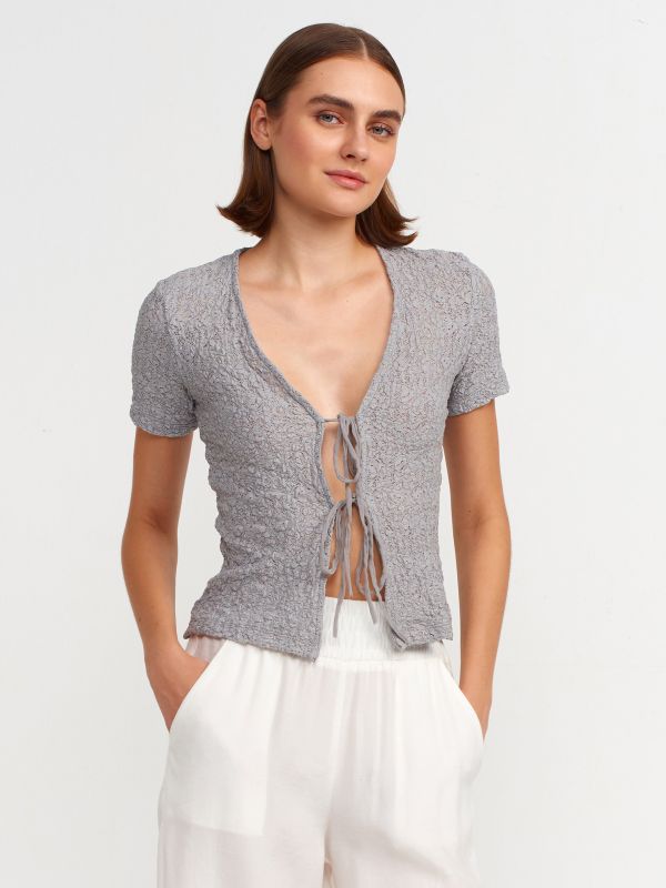 31224 Lace Blouse with Front Ties-Gray