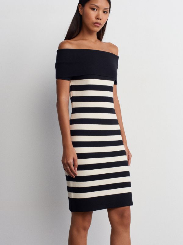 90232 Bardot Collar Striped Sweater Dress-Black-Cream