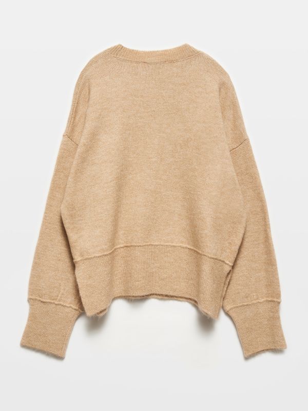 10626 Crew-Neck Slit Detailed Sweater-Dark Beige