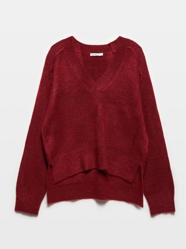 10630 V-Neck Slit Detailed Sweater-Burgundy