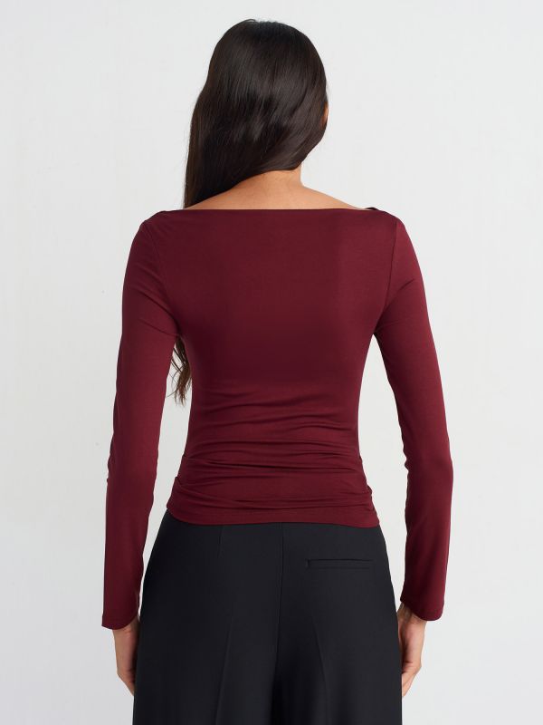 31213 Boat Neck Long Sleeve Top-Burgundy