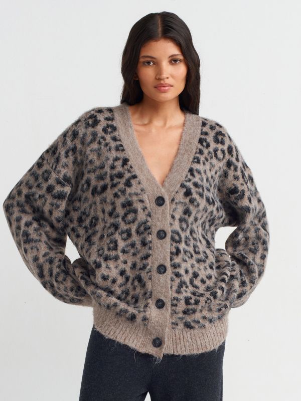 60260 V-Neck Leopard Shirred Buttoned Sweater Cardigan-Mink