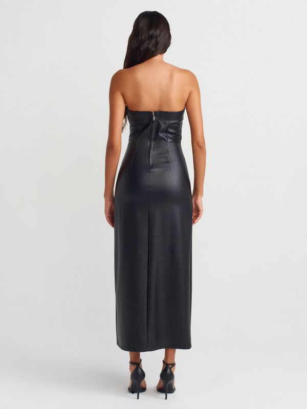 90814 Stitch Detailed Strapless Faux Leather Dress-Black