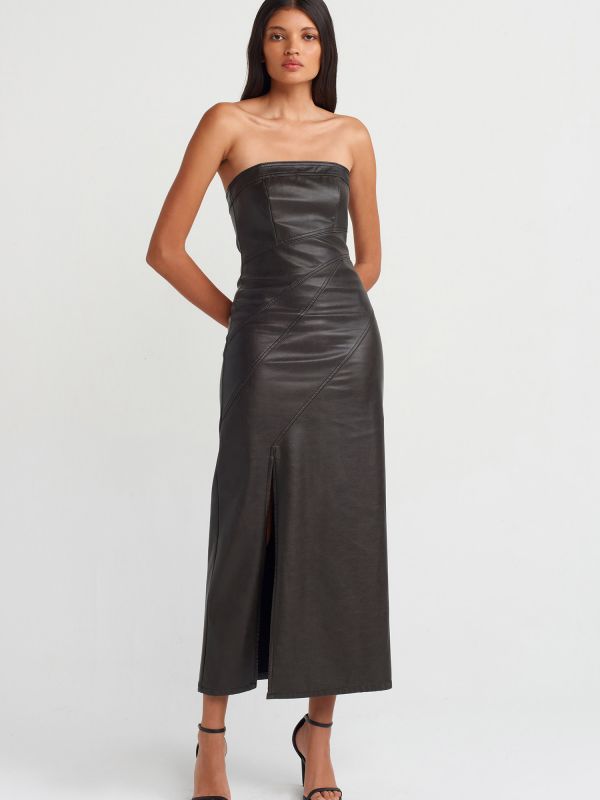 90813 Stitch Detailed Strapless Faux Leather Dress-Brown