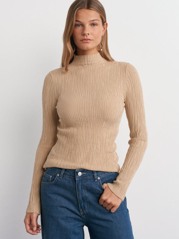 10631 Stand Collar Fine Textured Knit Sweater-Beige