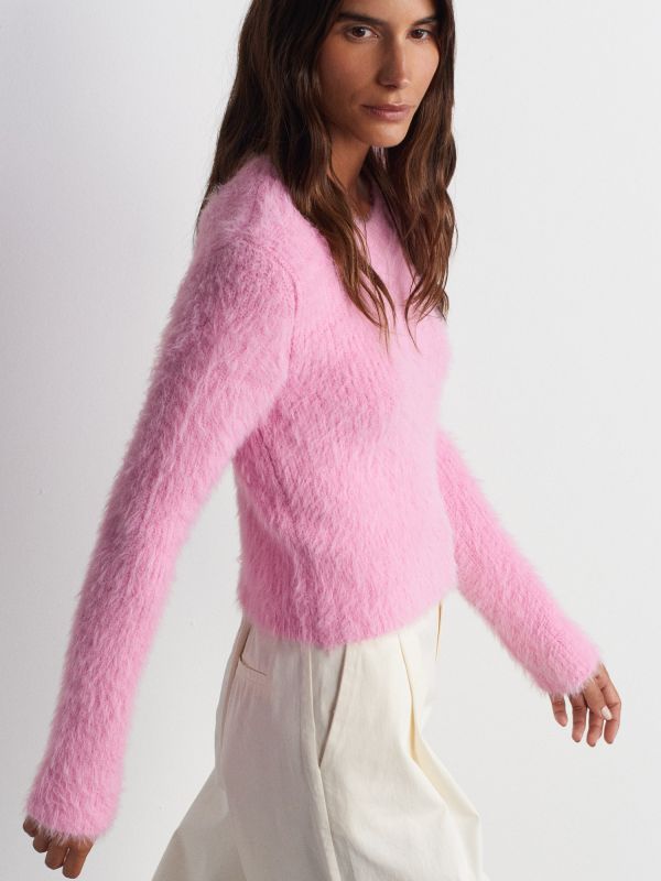 10659 Crew-Neck Soft Textured Shiny Knit Sweater-Pink