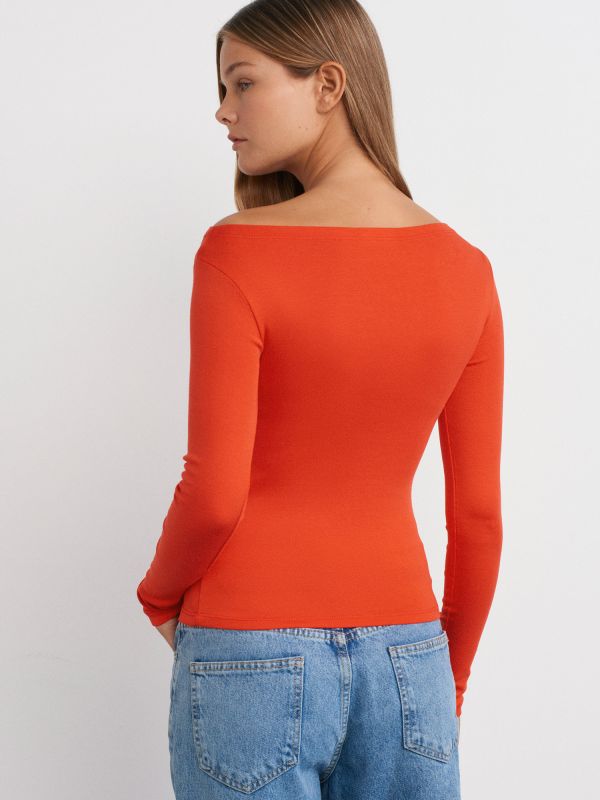 31332 Boat Neck Long Sleeve Top-Red