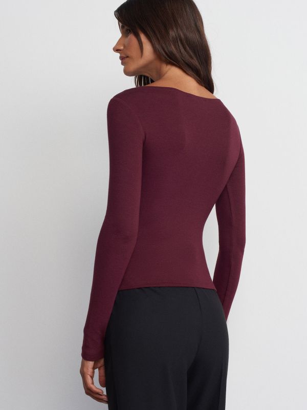 31332 Boat Neck Long Sleeve Top-Burgundy