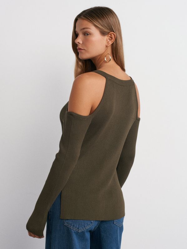 60259 Sweater Cardigan-Khaki with Zippered Slit and Open Shoulder Detail