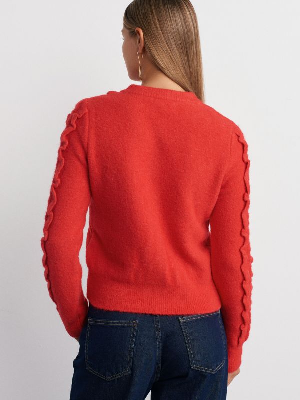 60267 Crew-Neck Frilly Buttoned Sweater Cardigan-Red