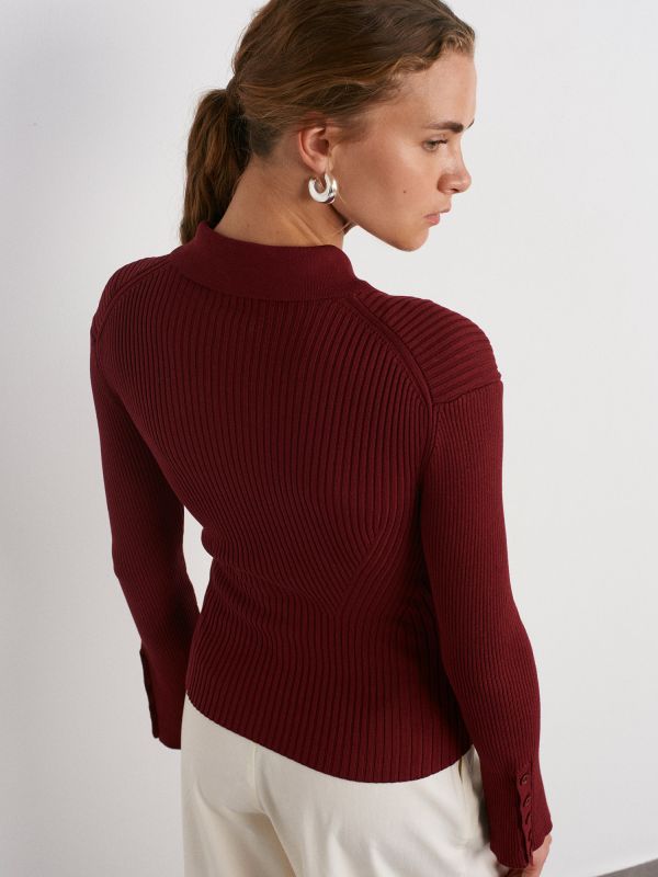 10637 Polo Collar Buttoned Ribbed Sweater-Burgundy