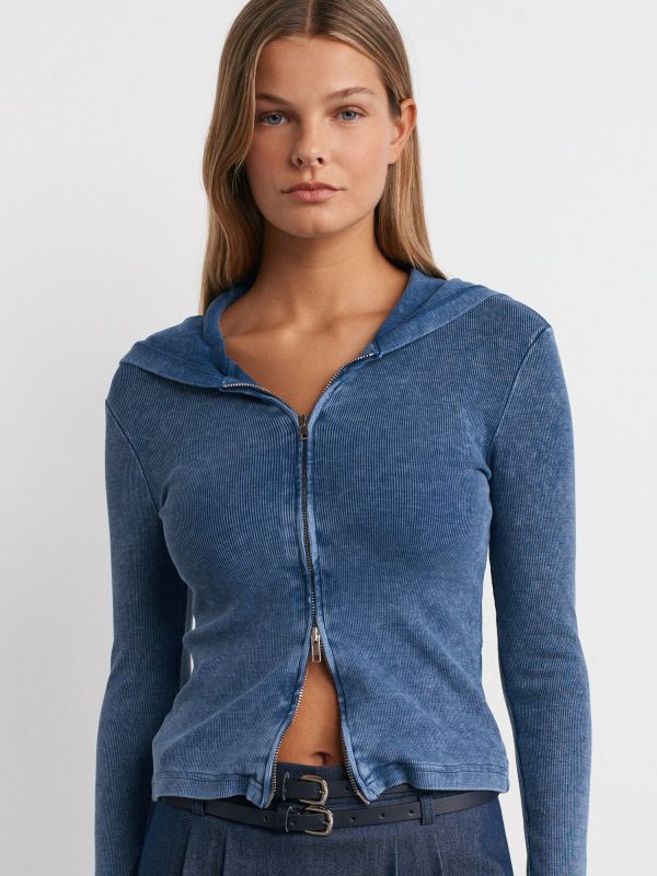 31265 Wash Effect Hooded Top-Indigo