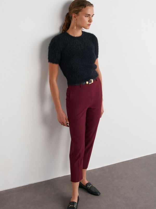 71293 Belted High Waist Pants-Burgundy