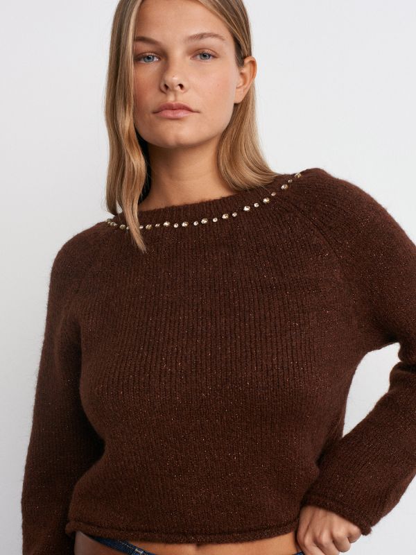 10622 Backless Silvery Stone Tie-Down Sweater-Coffee