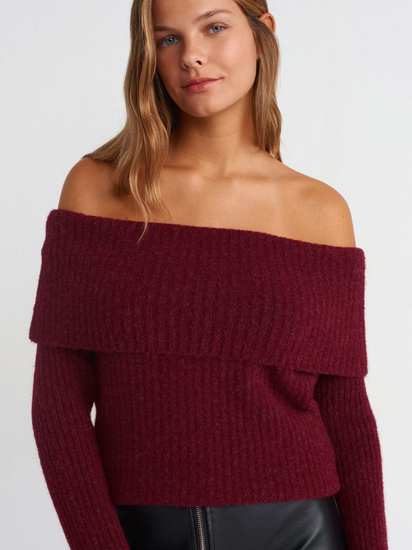 10649 Bardot Collar Ribbed Sweater-Burgundy