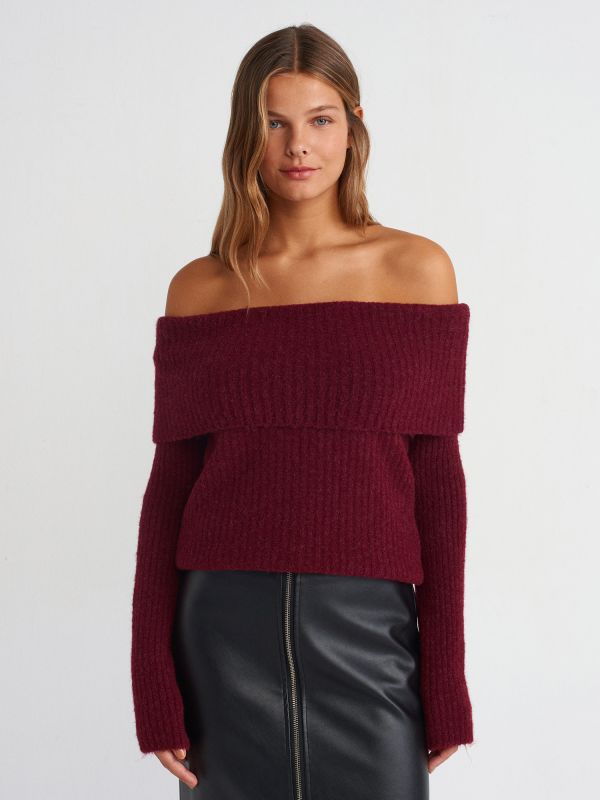 10649 Bardot Collar Ribbed Sweater-Burgundy